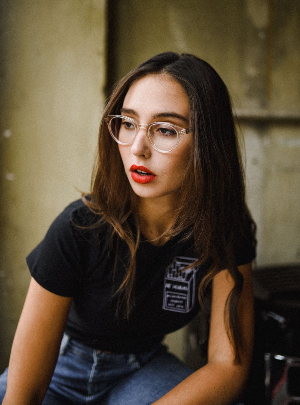 vintage portrait of girl with red lipstick and glasses